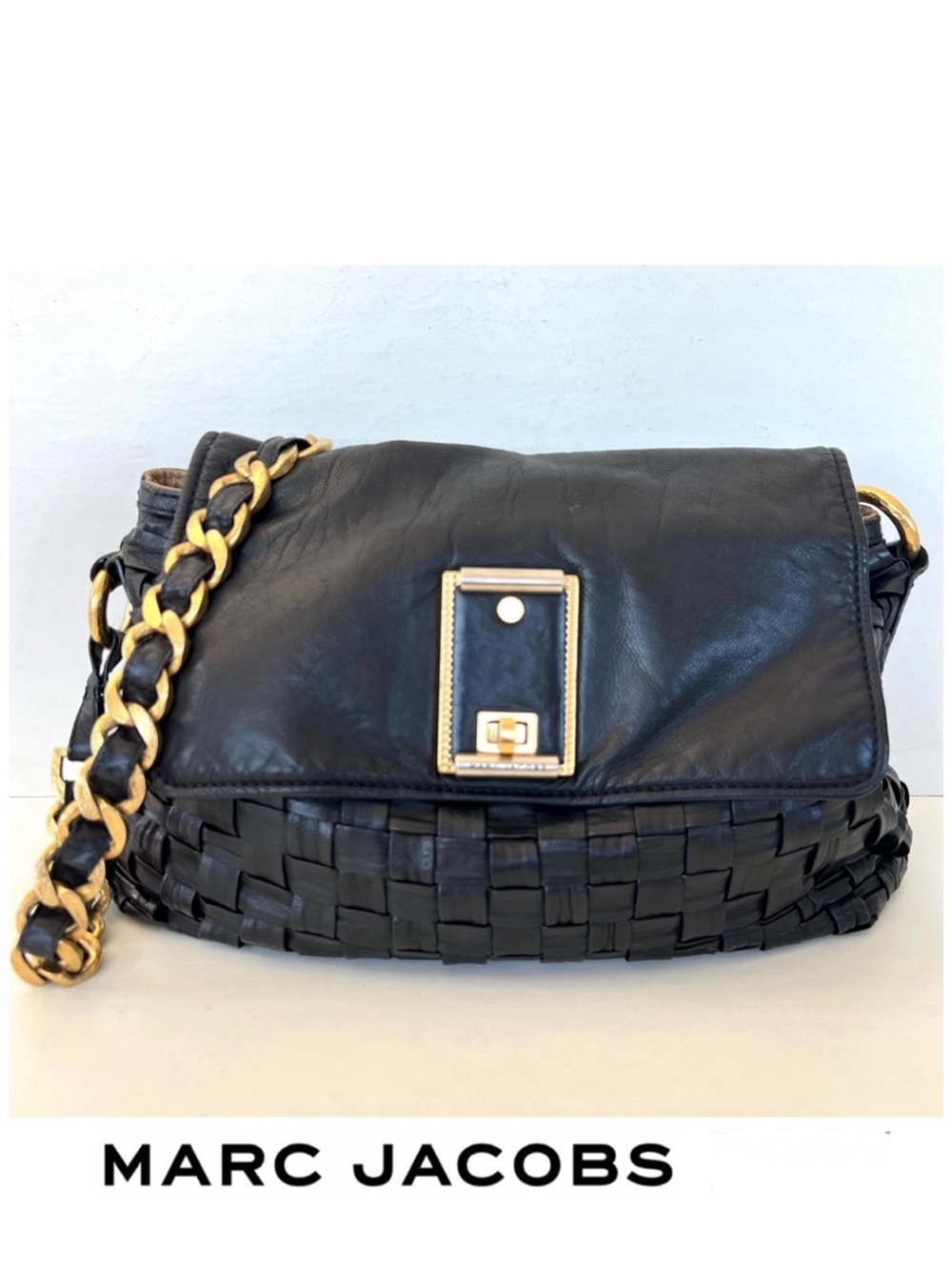 MARC JACOBS Bianca Black Woven Soft Leather Gold Chain Lrg Shoulder Bag Satchel
